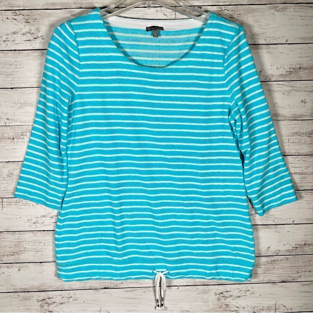 TALBOTS Striped Terry Cloth Top Drawstring Hem Turquoise White MP